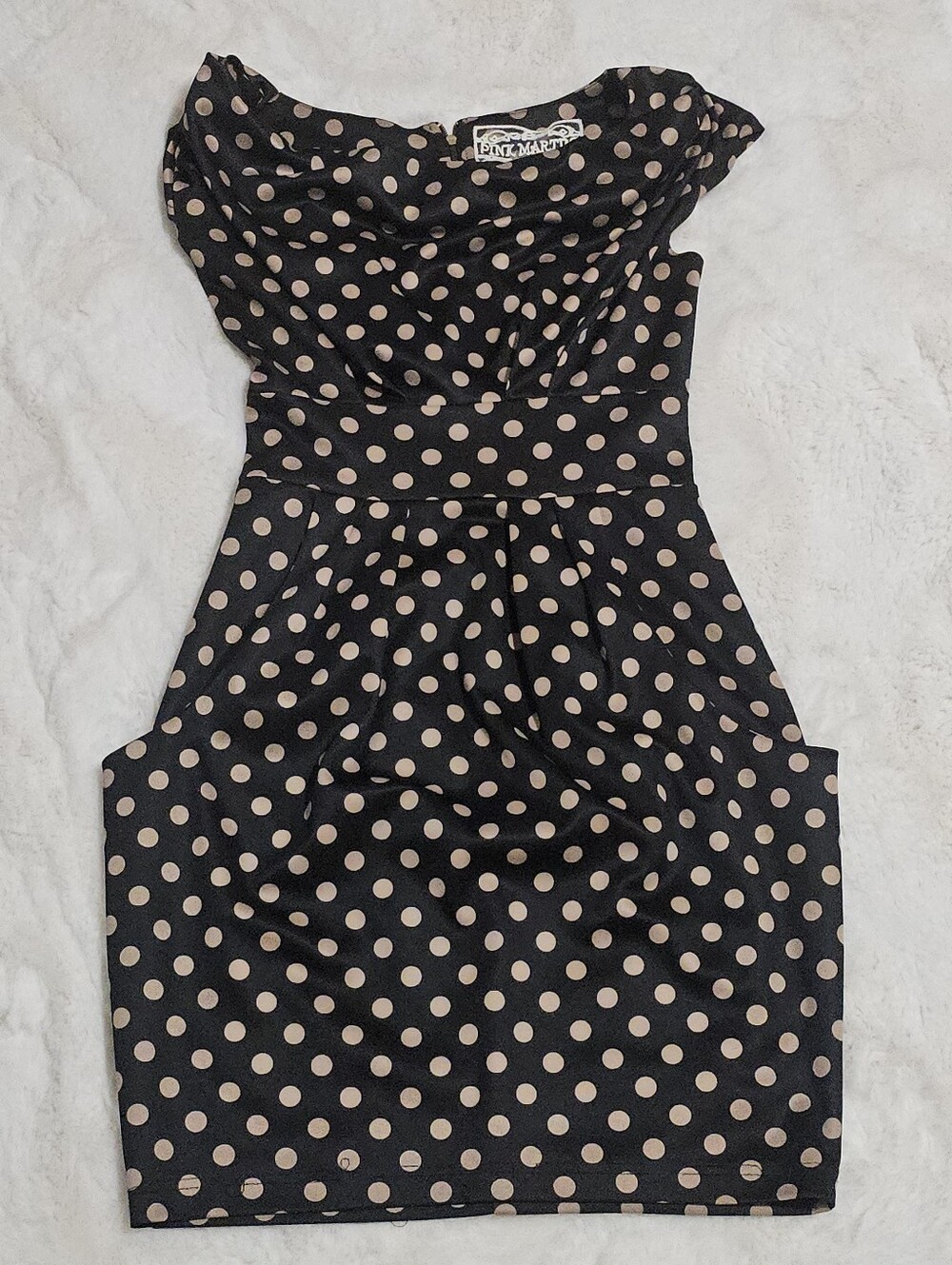 Vintage Black Polka Dot Cowl Neck Dress with Beige Dots